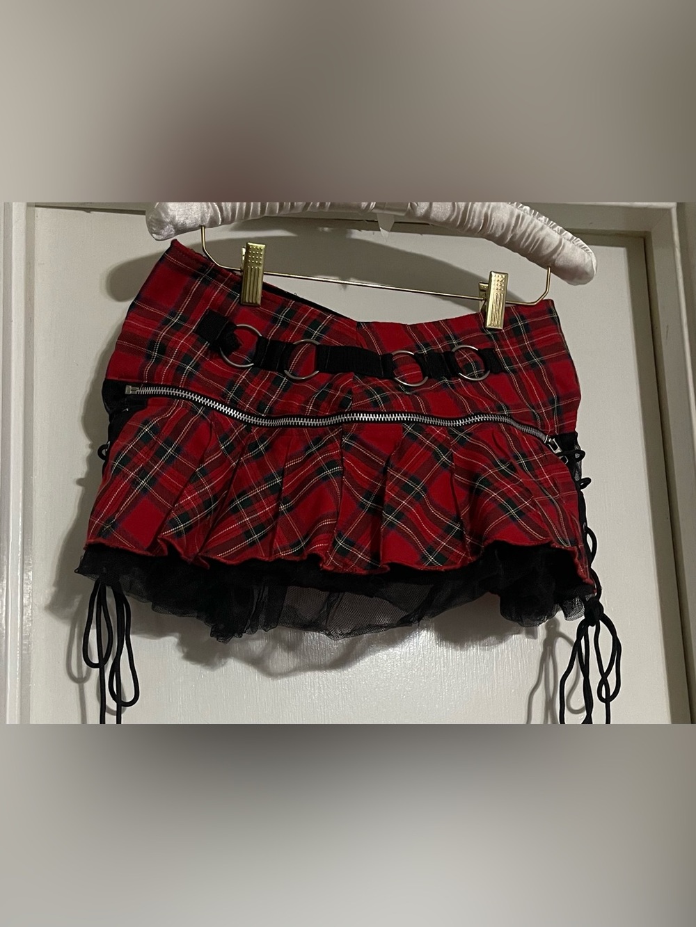 VINTAGE Living Dead Souls Red Tartan Plaid Micro Mini Skirt w/ Tutu - Large Rare